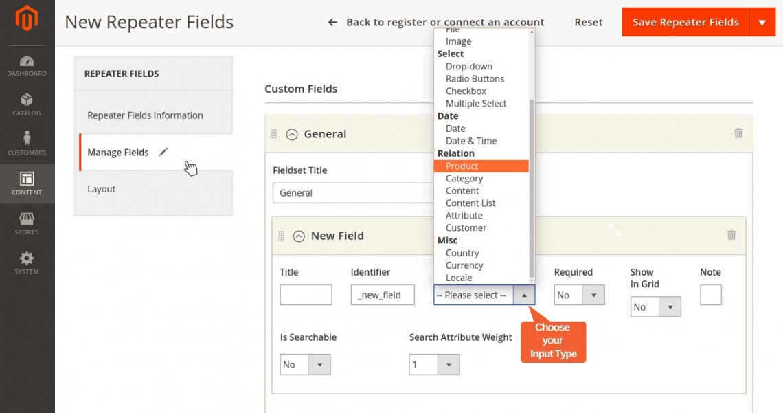 Create new Repeater fields - Manage Fields